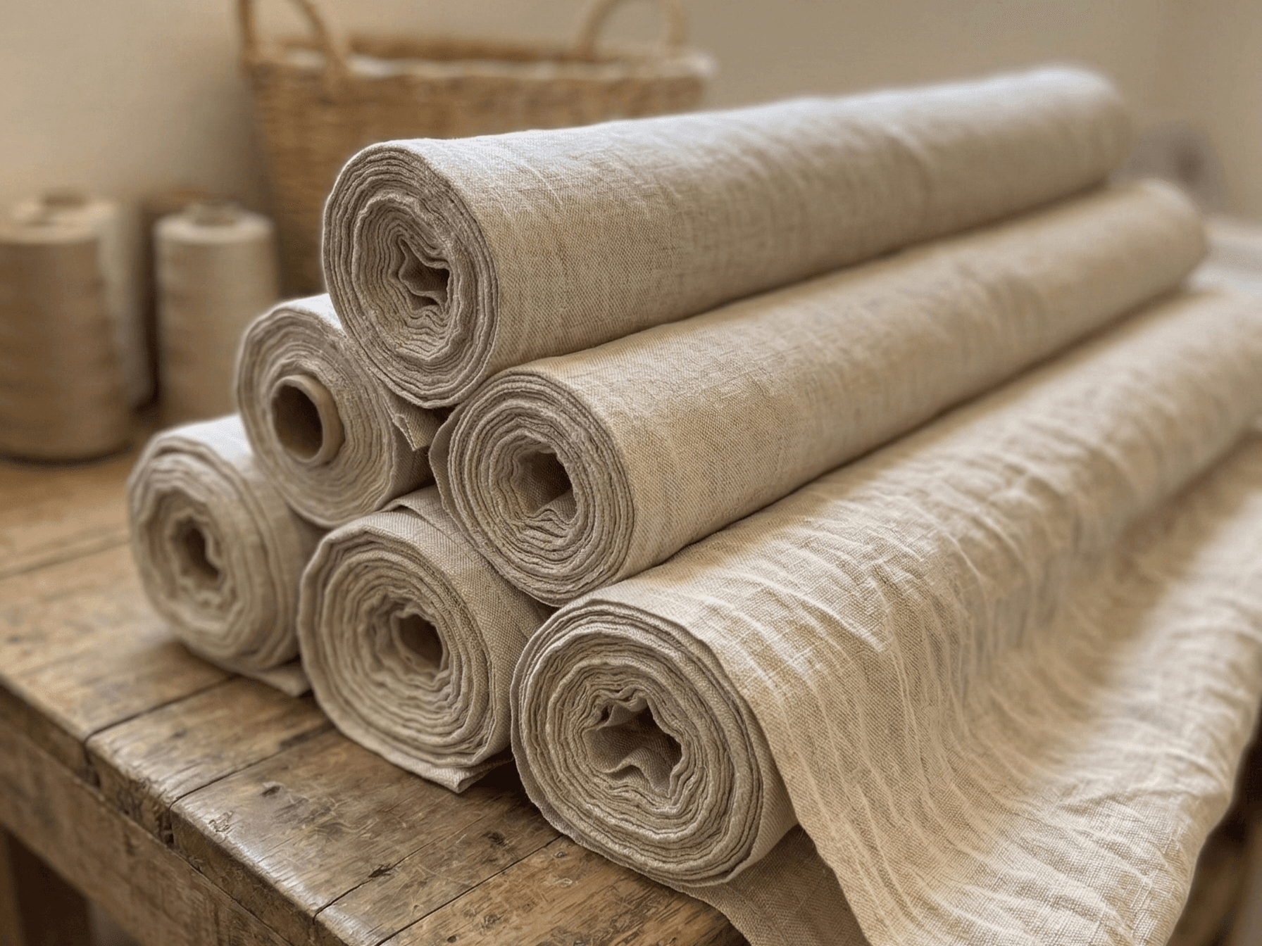 Rolls of linen fabric