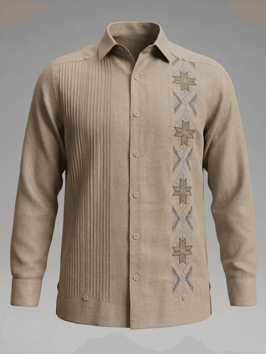 Camisa guayabera de manga larga en color verde oliva con bordados geométricos en un costado y pliegues tradicionales en el otro, mostrada en un maniquí.