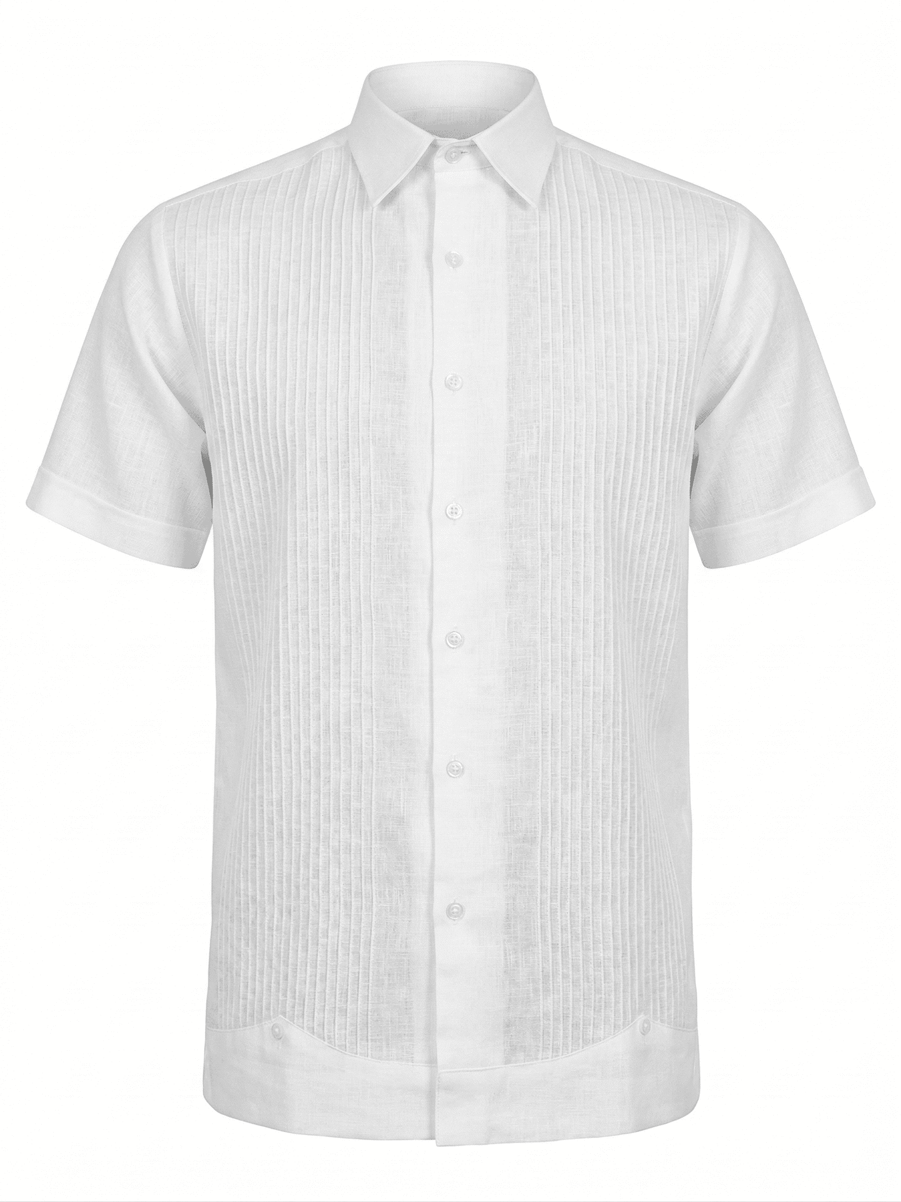 Camisa guayabera clásica de color blanco con manga corta y paneles de pliegues verticales tradicionales, exhibida en un maniquí sobre un fondo rústico.
