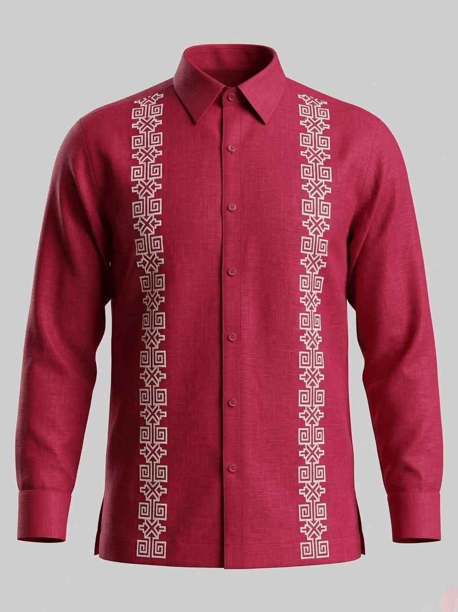 Camisa guayabera de manga larga en color rojo intenso con dos columnas de bordados geométricos de color crema, presentada en un maniquí sobre un fondo rústico.