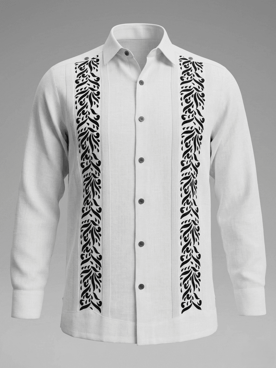 Camisa guayabera blanca de manga larga con llamativos bordados negros de motivos naturales en el pecho y pliegues tradicionales, presentada en un maniquí.