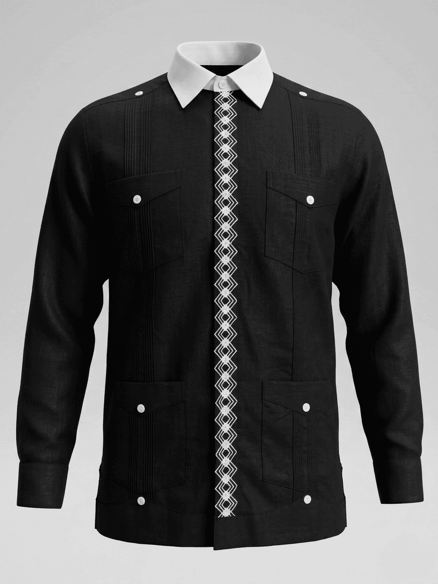 Camisa guayabera negra de manga larga con una franja central de bordado geométrico blanco y cuatro bolsillos con botones blancos, presentada en un maniquí.