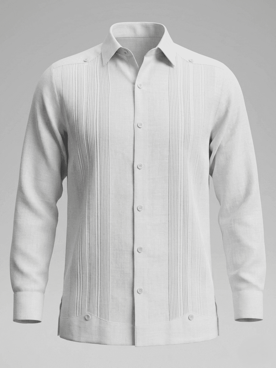Camisa guayabera formal de manga larga en lino blanco con múltiples filas de pliegues verticales, presentada en un maniquí sobre un fondo rústico.