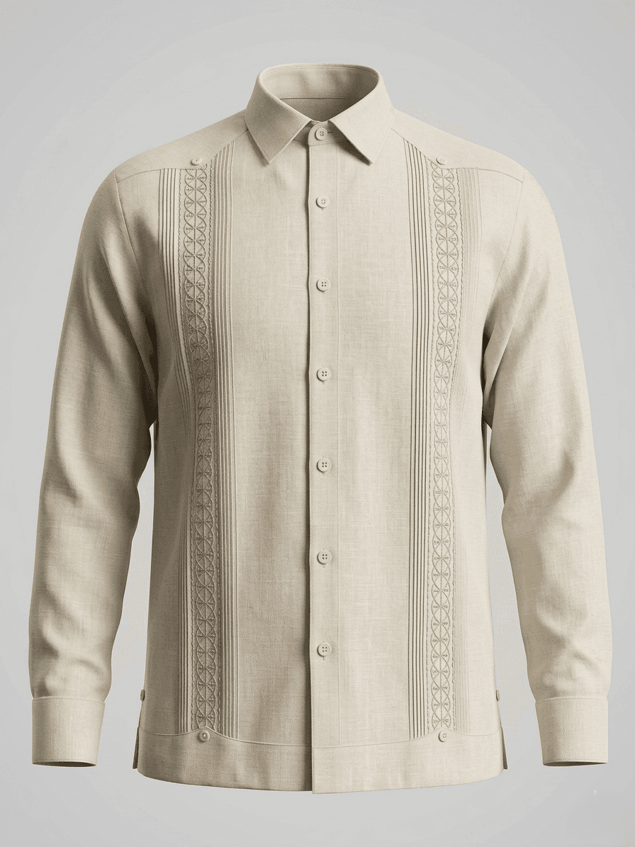 Camisa guayabera de manga larga en color crema con elegantes bordados circulares de color café claro y pliegues verticales, exhibida en un maniquí sobre un fondo de madera.