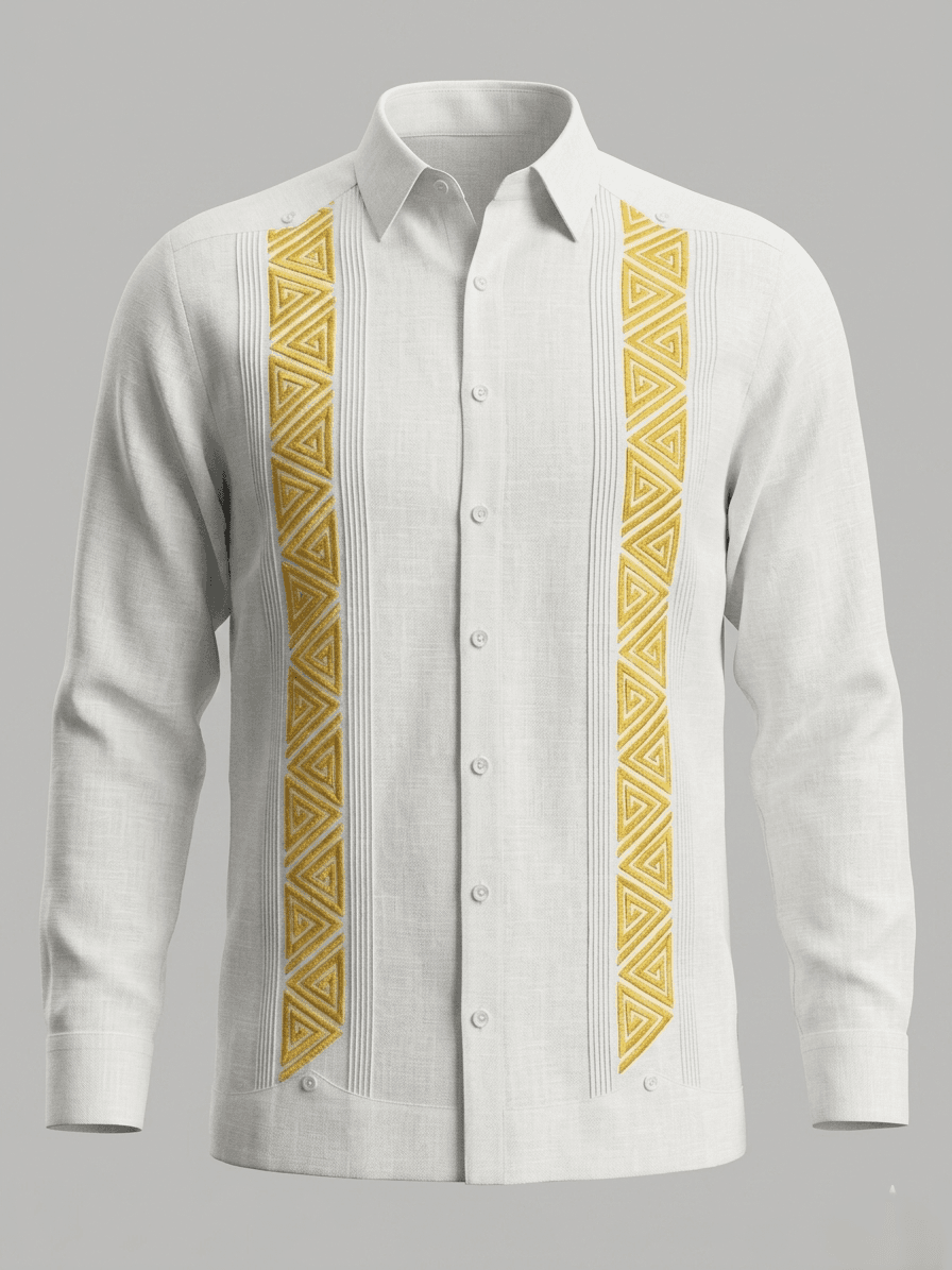 Camisa guayabera blanca de manga larga con dos franjas de bordado geométrico amarillo vibrante y pliegues verticales, exhibida en un maniquí.
