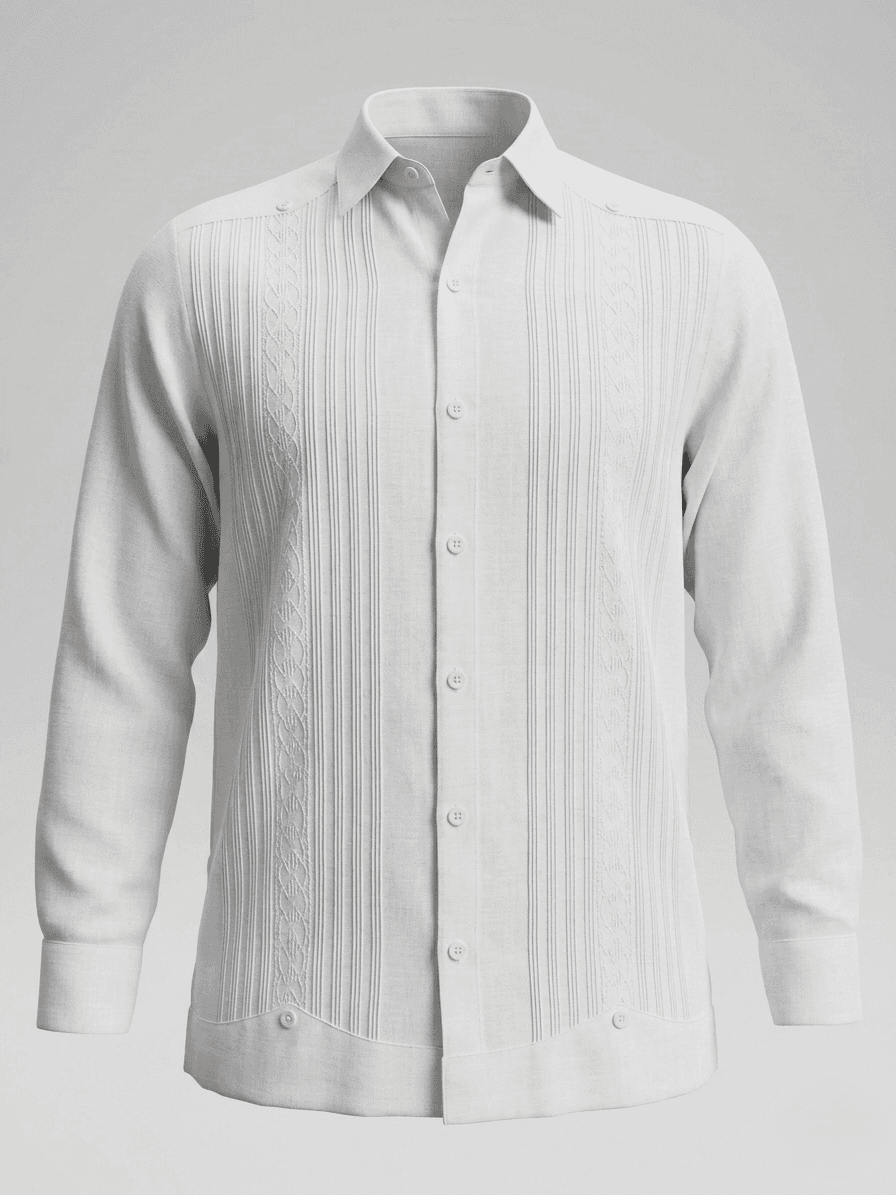 Camisa guayabera de manga larga en color crema pálido con intrincados bordados de filigrana y pliegues verticales, inspirada en las formaciones rocosas de Madriz.